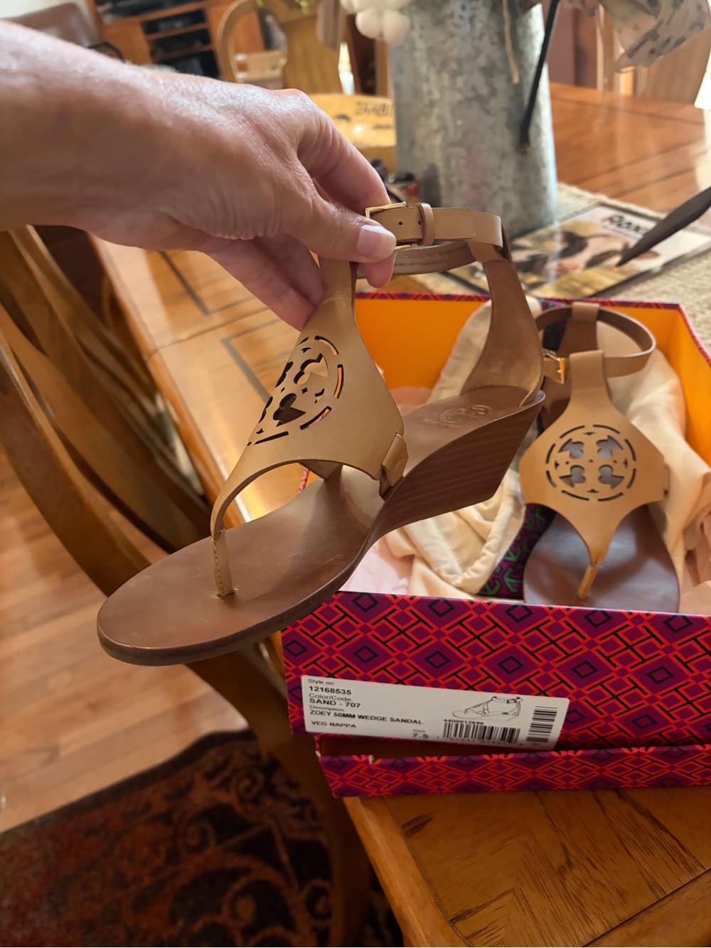 Tory Burch Tan Leather Wedge Thong Sandals with Logo Cutout